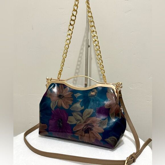 Floral Print Cowhide Leather Handmade Double Kisslock Top Handle Bag/Crossbody - Picture 1 of 15